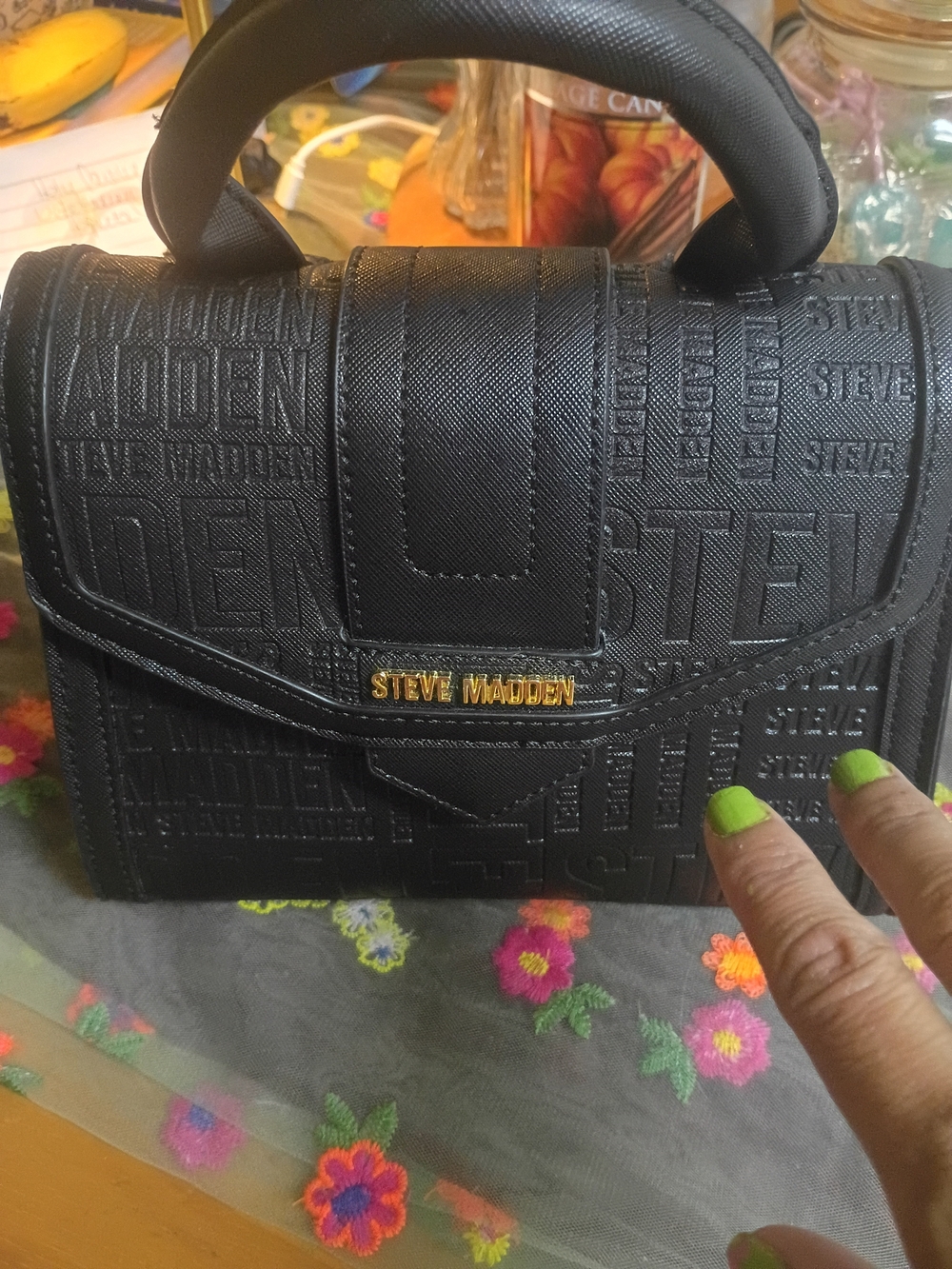 Steve Madden Black Embossed Logo Top-Handle Satchel with Gold Plaque